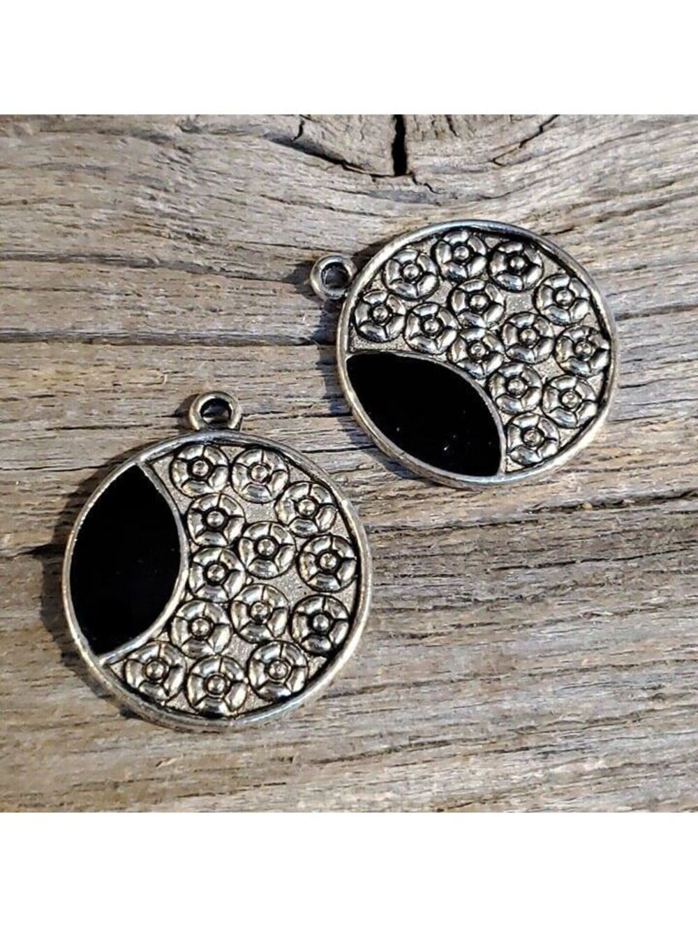 Art Deco Antique Silver Pewter Black Enamel Carved Flowers Pendants Charms 2 pcs